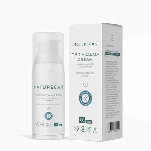 Naturecan CBD Eczema Cream packaging with bottle and box, featuring product details and certification logos.