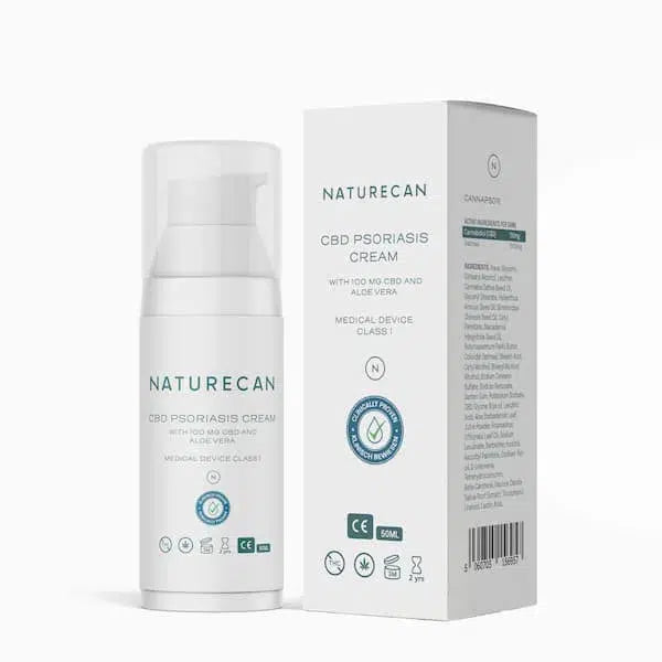 Naturecan CBD Psoriasis Cream packaging with product details and medical device classification.