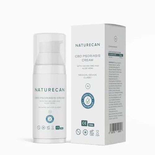 Naturecan CBD Psoriasis Cream packaging with product details and medical device classification.