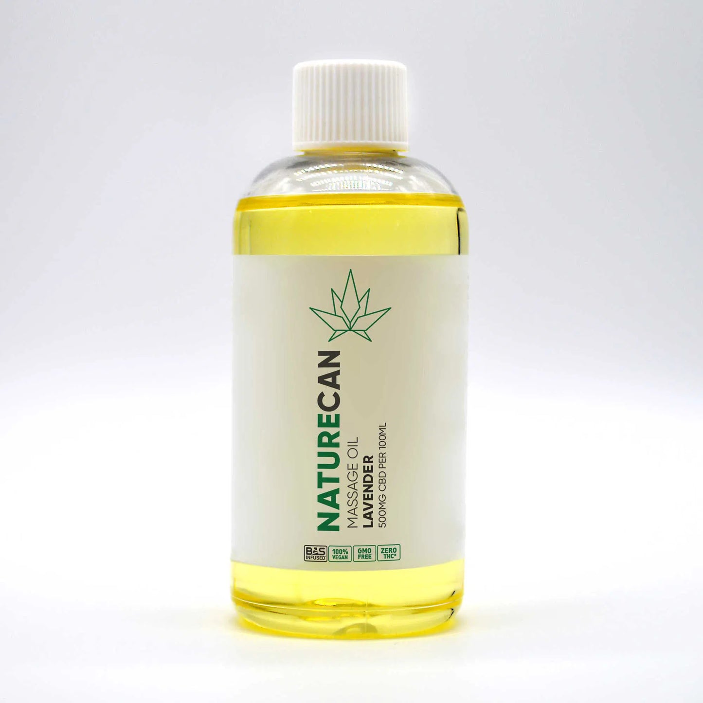 Naturecan lavender massage oil bottle with CBD content, featuring a green leaf logo.