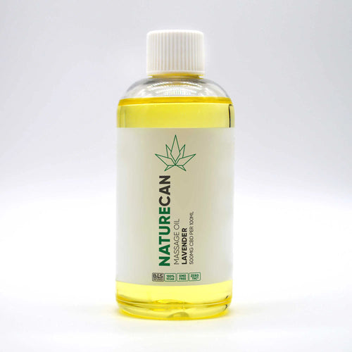 Naturecan lavender massage oil bottle with CBD content, featuring a green leaf logo.