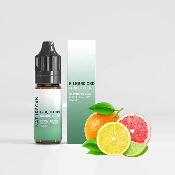 Naturecan E-liquid CBD Citrus Fruits packaging with citrus slice graphics.