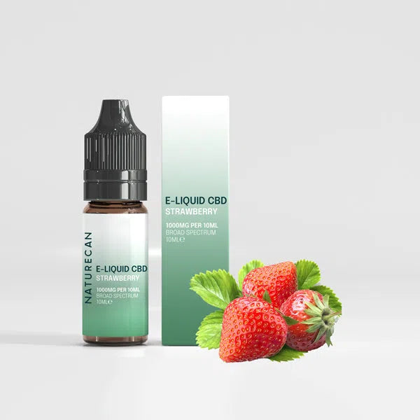 Naturecan E-Liquid CBD Strawberry packaging with strawberries and a 1000mg 10ml bottle.