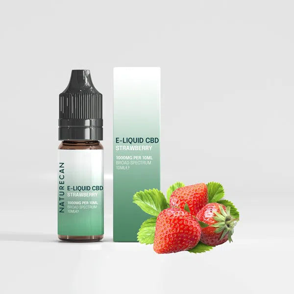 Naturecan strawberry CBD e-liquid packaging with bottle, box, and fresh strawberries.