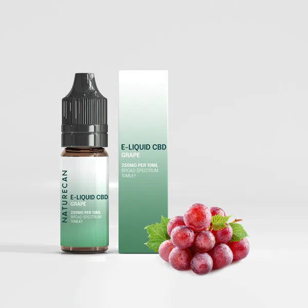 Naturecan E-Liquid CBD Grape packaging with grape cluster, 250mg per 10ml bottle.