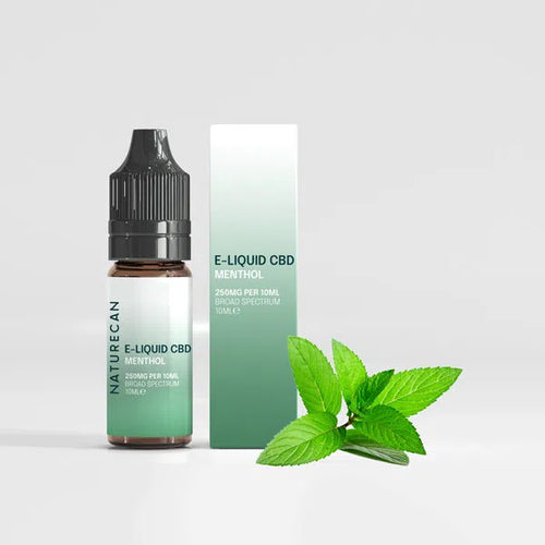 Naturecan E-liquid CBD menthol 250mg box and bottle with mint leaves.