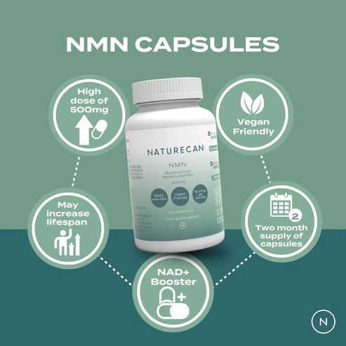 Naturecan NMN capsules with benefits highlighted: 500mg dose, vegan, lifespan boost, two-month supply, NAD+ booster.