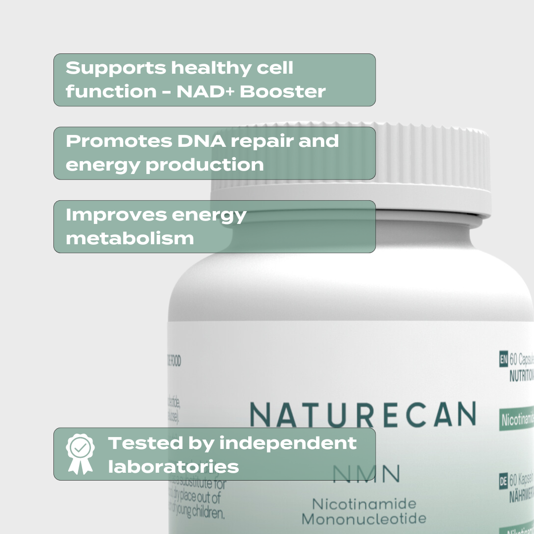 Naturecan NMN supplement bottle promotes cell health, DNA repair, energy metabolism, and is lab-tested.