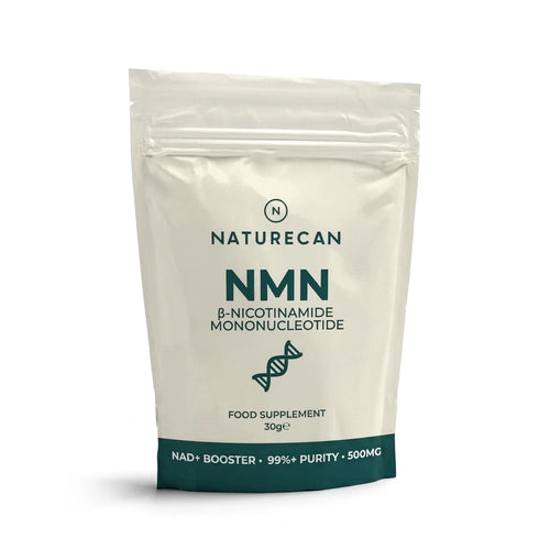 A 30g stand-up pouch of Naturecan NMN food supplement, featuring a cream-colored body with dark teal text and a dark teal band at the bottom, set against a plain white background.