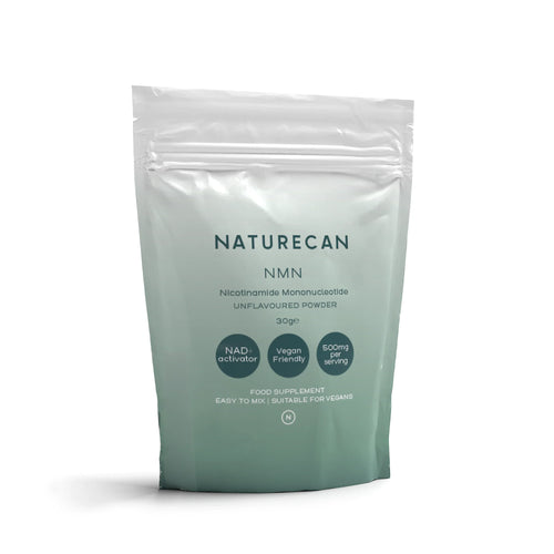 Naturecan NMN Nicotinamide Mononucleotide powder packaging, vegan-friendly and NAD+ activator.
