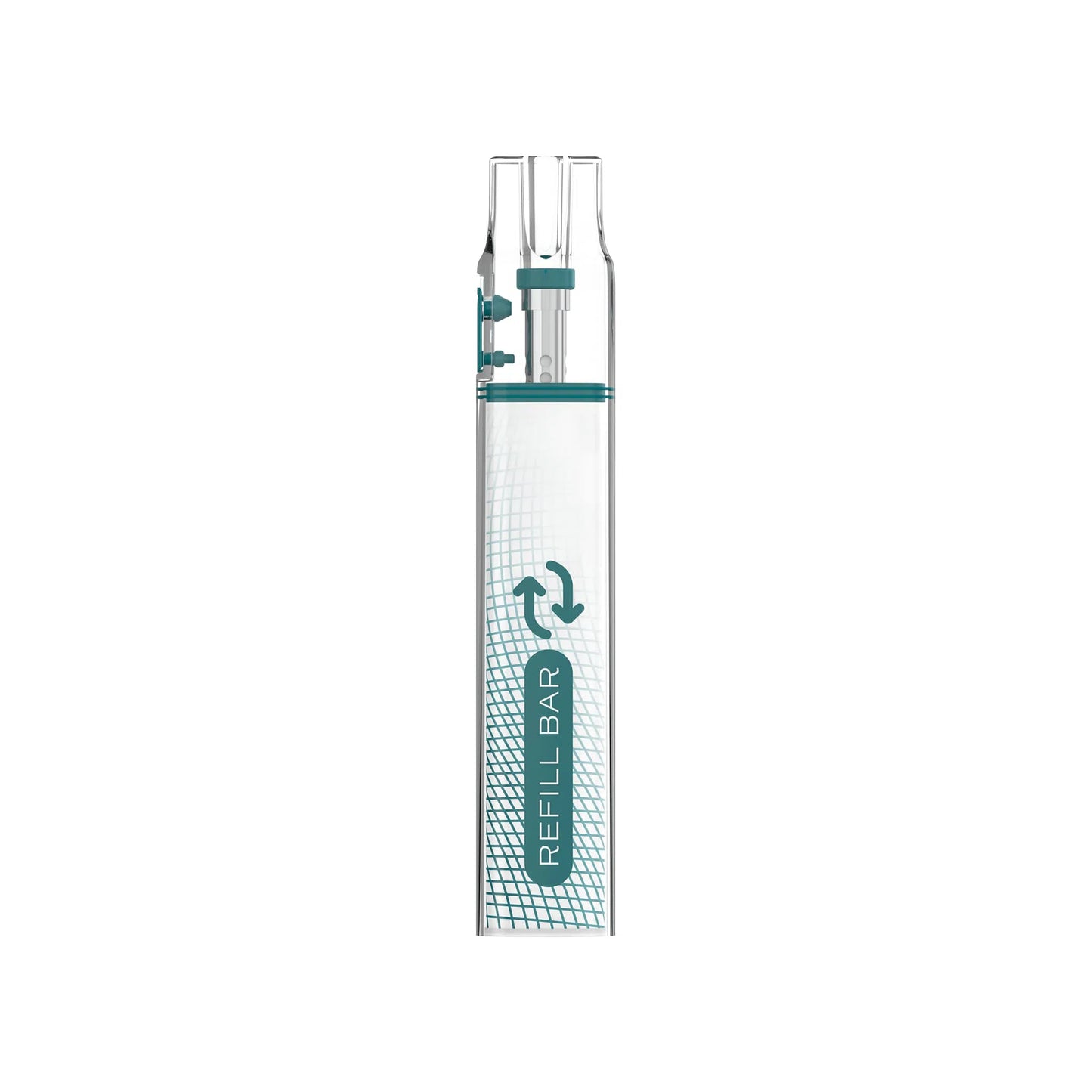 Transparent Refill Bar device with teal branding and recycling symbol on the front.