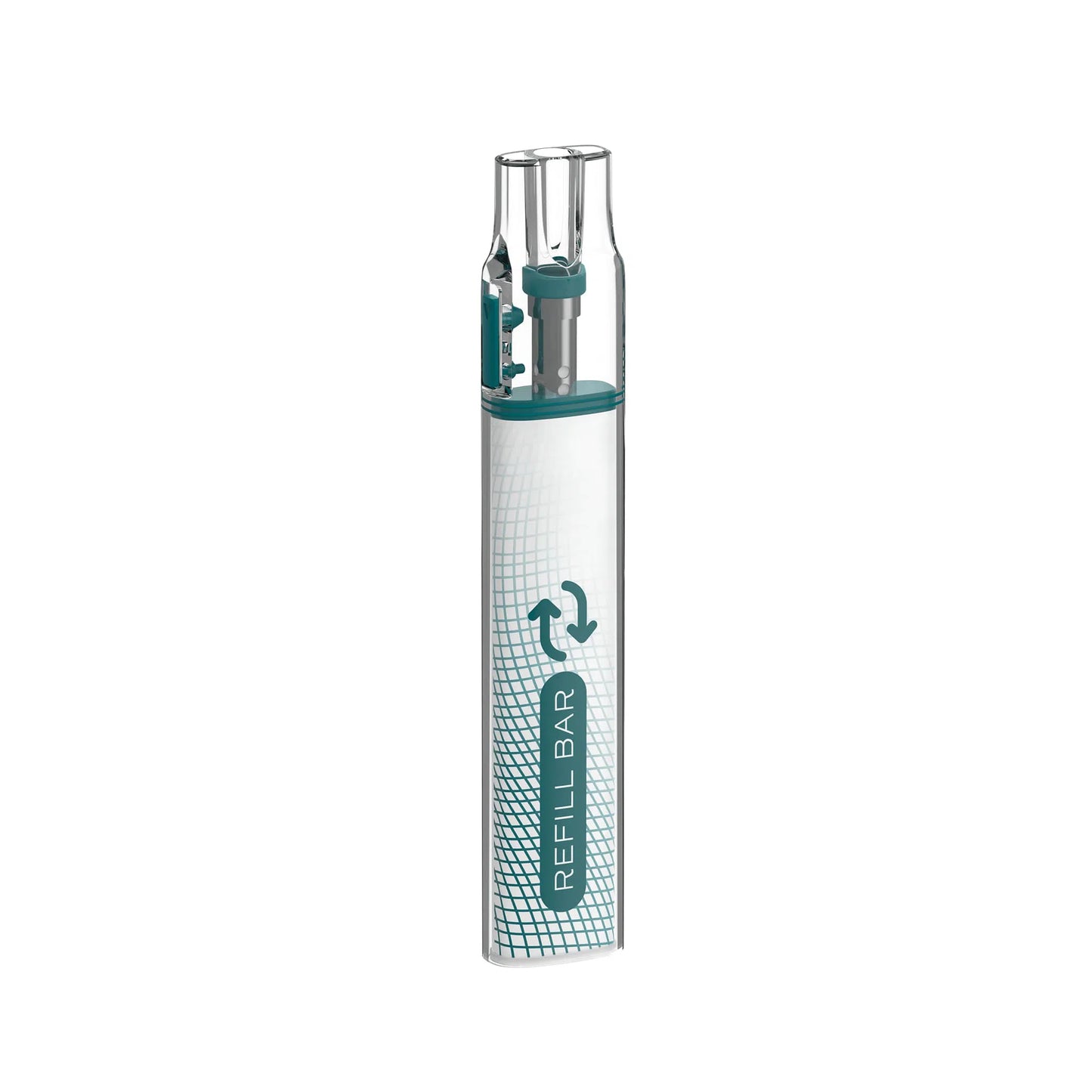 Transparent refillable vape device with a "REFILL BAR" label and teal accents.