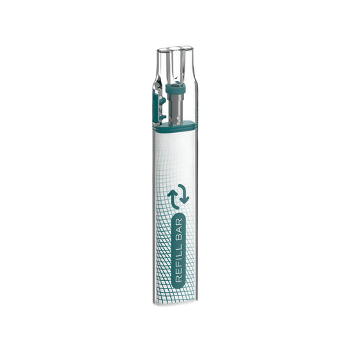 Transparent refillable vape device with a "REFILL BAR" label and teal accents.