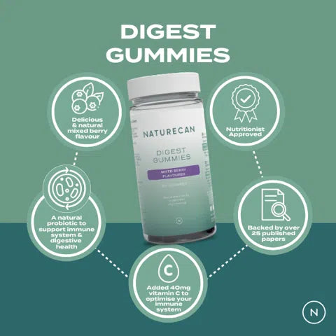 Naturecan Digest Gummies jar with benefits like mixed berry flavor, vitamin C, and probiotic support highlighted.