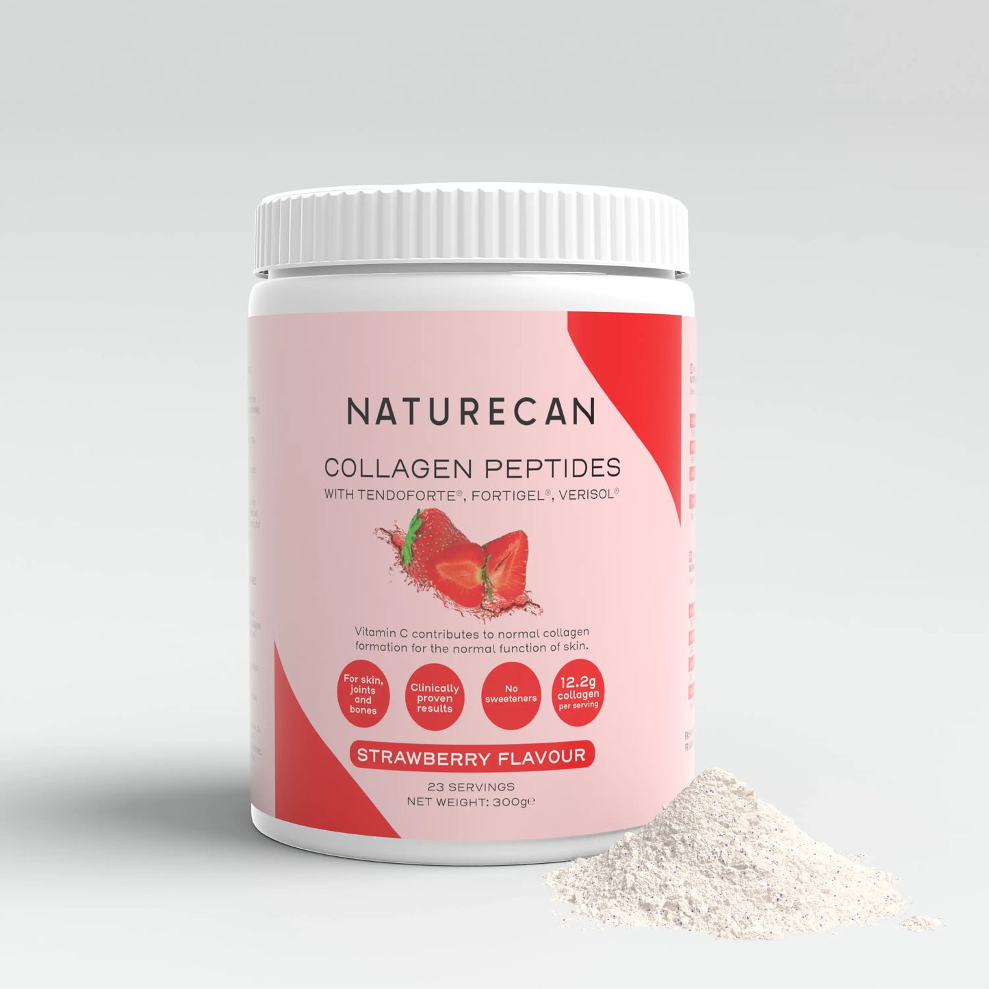 Naturecan Strawberry Flavour Collagen Peptides packaging with a strawberry image and powder beside the container.