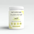 Naturecan Vanilla Flavour Collagen Peptides Powder packaging with health benefits and ingredients listed.