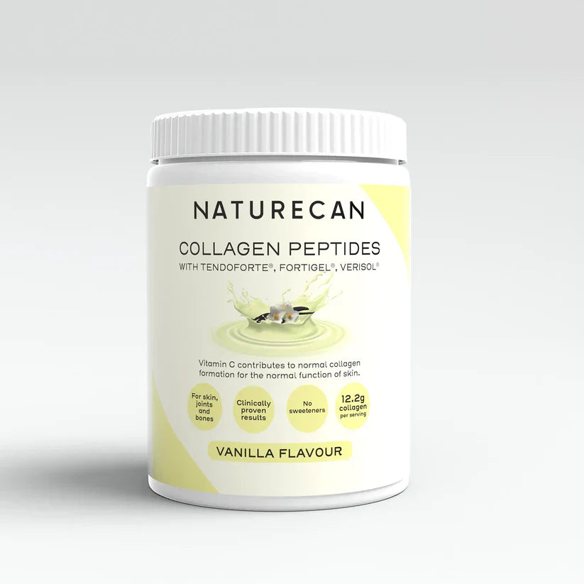 Naturecan Vanilla Flavour Collagen Peptides Powder packaging with health benefits and ingredients listed.