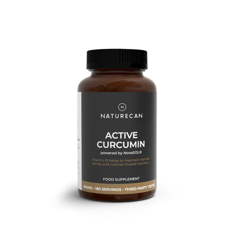 A bottle of Naturecan Active Curcumin food supplement, 500mg, 180 servings, on a white background with a soft shadow.