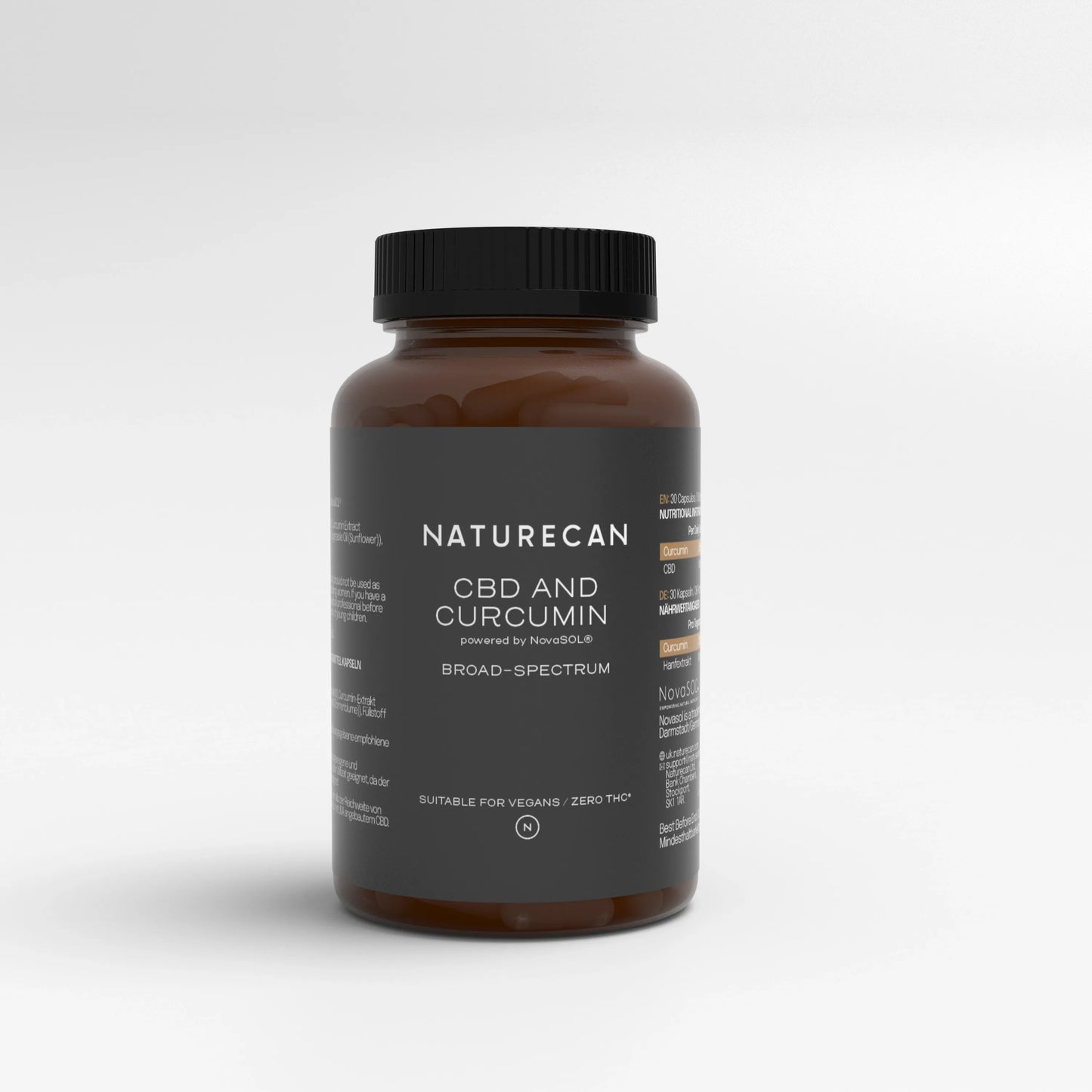 Naturecan CBD and Curcumin supplement bottle labeled for broad-spectrum use, powered by NovaSOL.