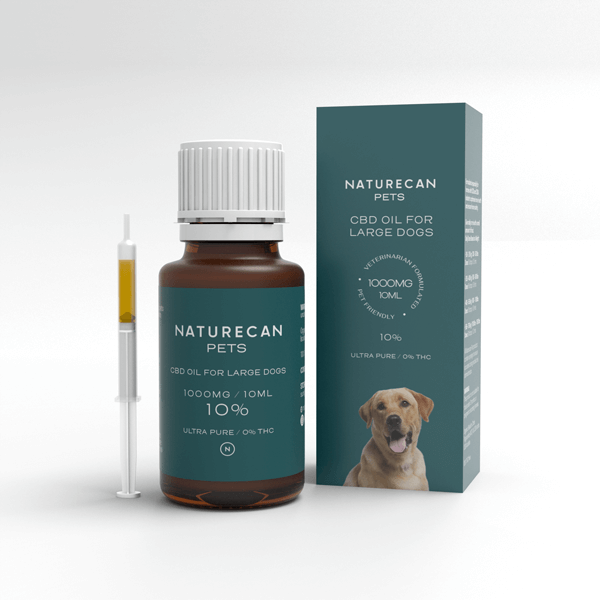 Naturecan Pets CBD oil packaging for large dogs, featuring a 10ml bottle, box, and syringe.