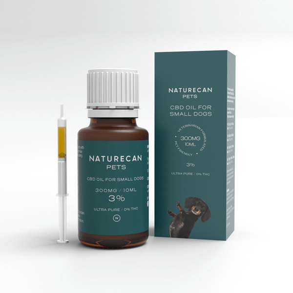 Naturecan Pets CBD oil packaging and bottle for small dogs, 300mg/10ml, with a syringe.