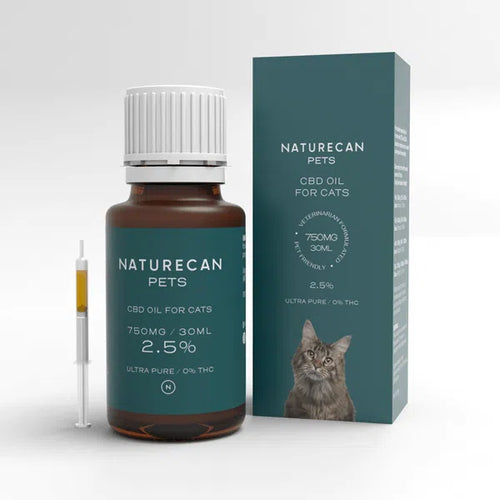 Naturecan Pets CBD oil for cats, 750mg/30ml, with syringe and packaging featuring a cat illustration.