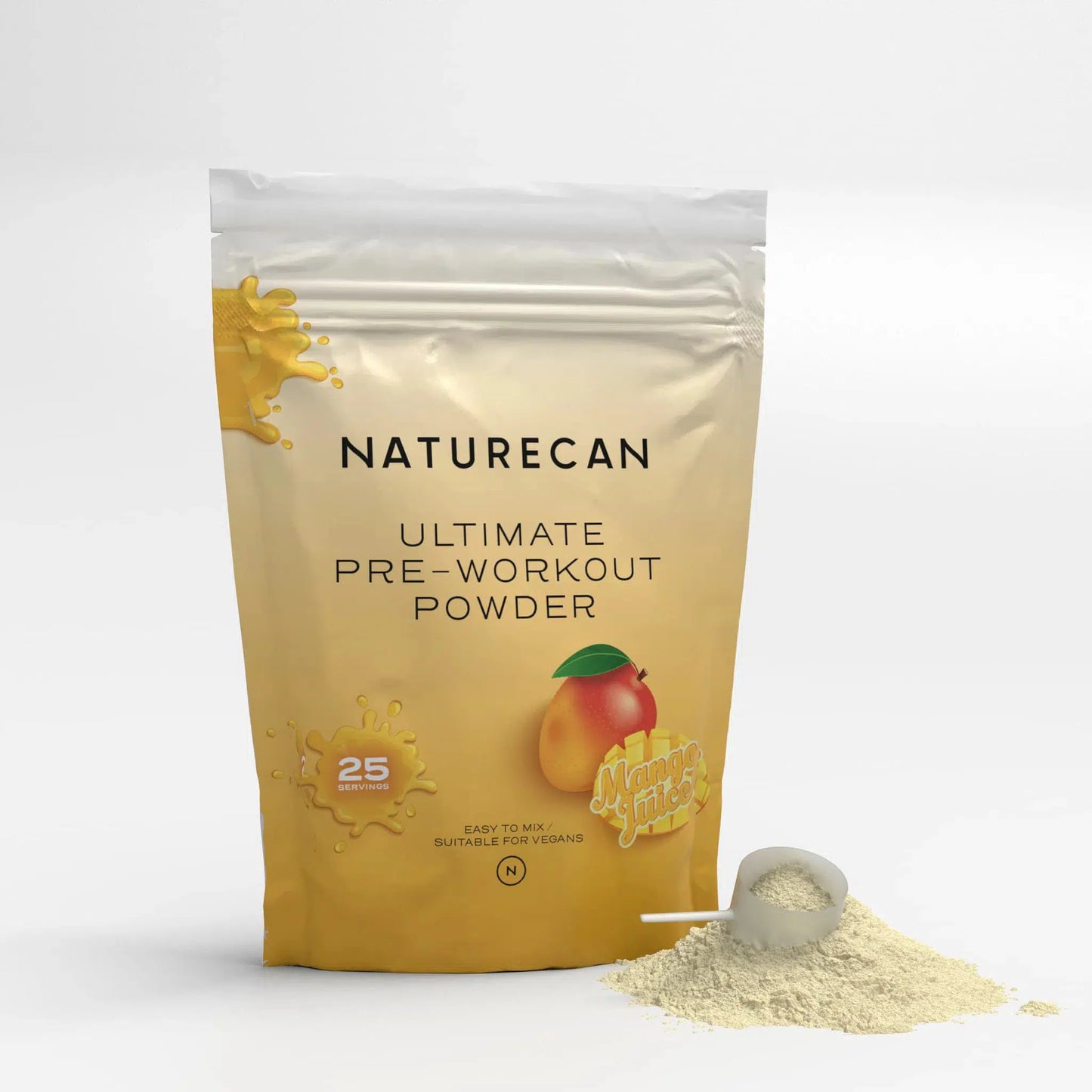 Naturecan Ultimate Pre-Workout Powder packaging with mango flavor and a scoop of powder.