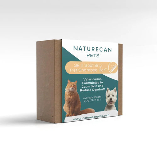 Naturecan Pets shampoo bar packaging featuring a cat and dog, designed to soothe skin and reduce dandruff.