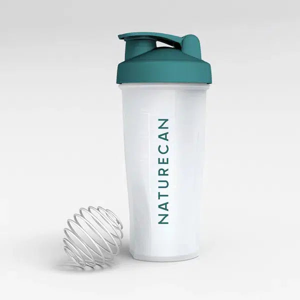Naturecan protein shaker with a teal lid and mixing ball on a light background.