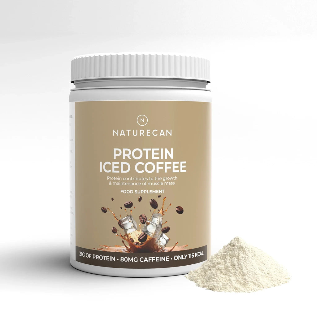 Naturecan Protein Iced Coffee packaging with coffee splash, ice cubes, and powder beside the container.