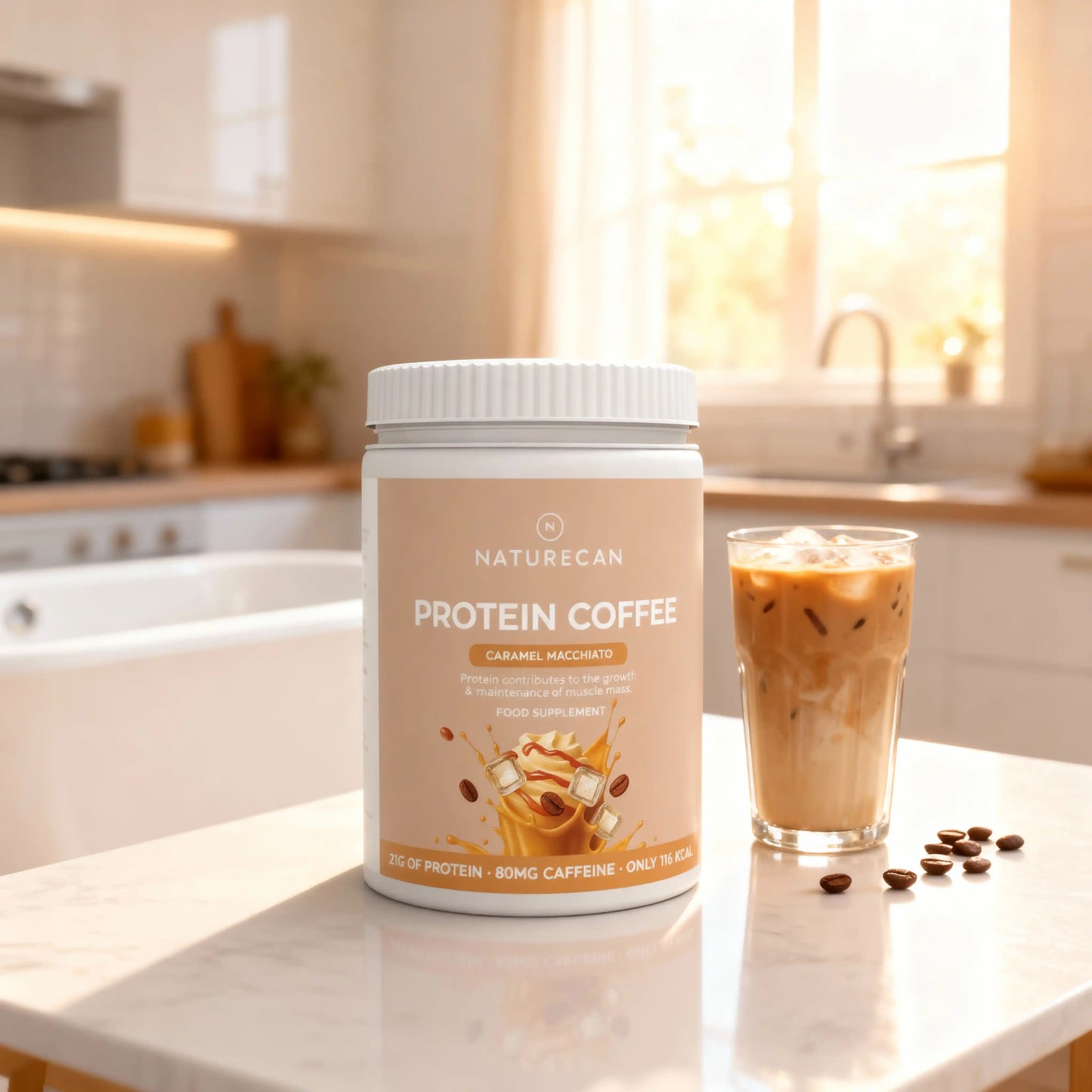 Naturecan Protein Coffee container and a glass of iced coffee on a kitchen counter.