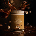 Naturecan Protein Iced Coffee packaging with coffee beans and ice cubes splashing around.