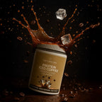 Naturecan Protein Iced Coffee can with splash, ice cubes, and coffee beans on a dark background.
