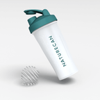 White protein shaker with "NATURECAN" text, teal lid, and metal mixing ball.