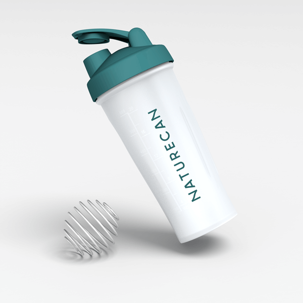 White protein shaker with "NATURECAN" text, teal lid, and metal mixing ball.