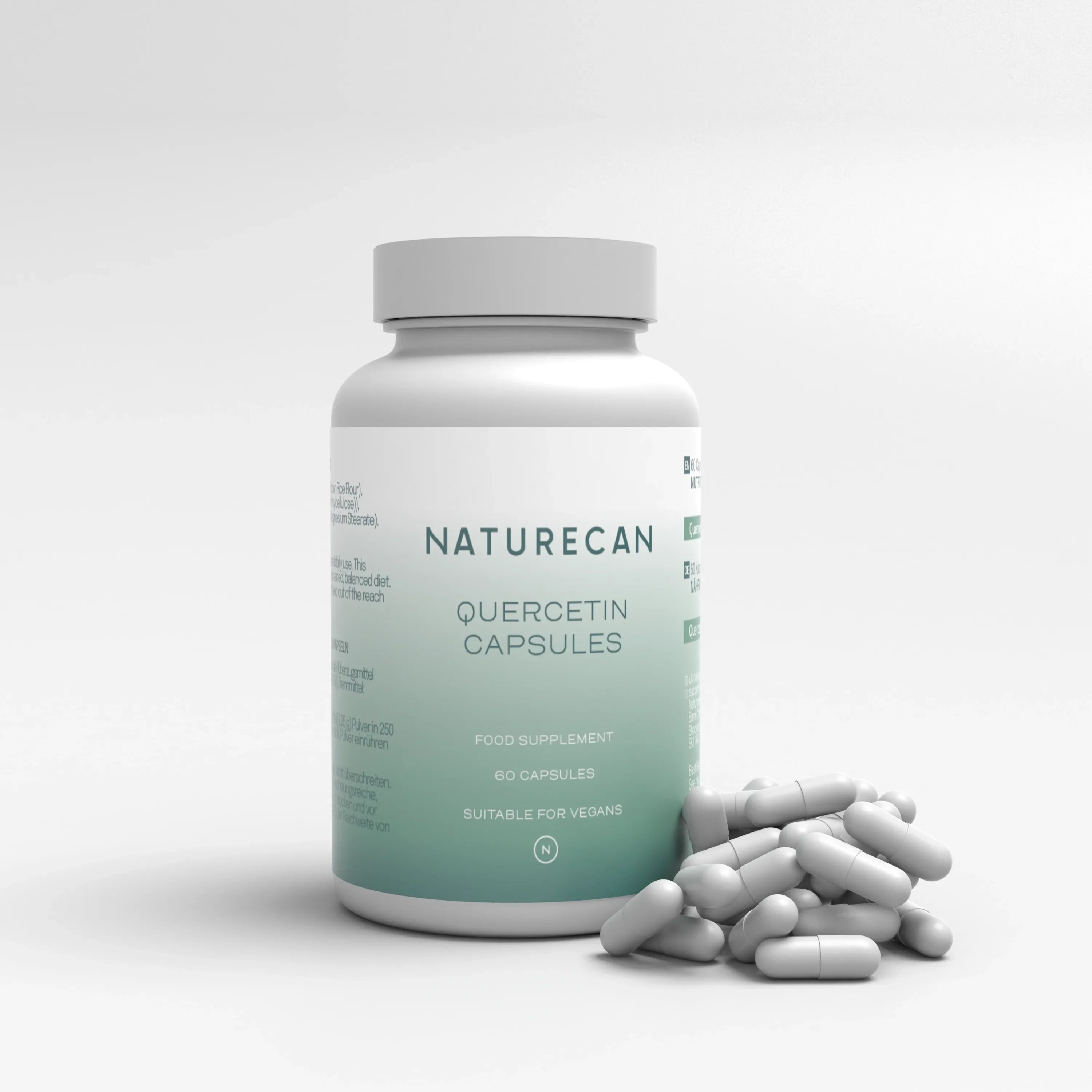 Naturecan Quercetin capsules bottle with scattered white capsules.