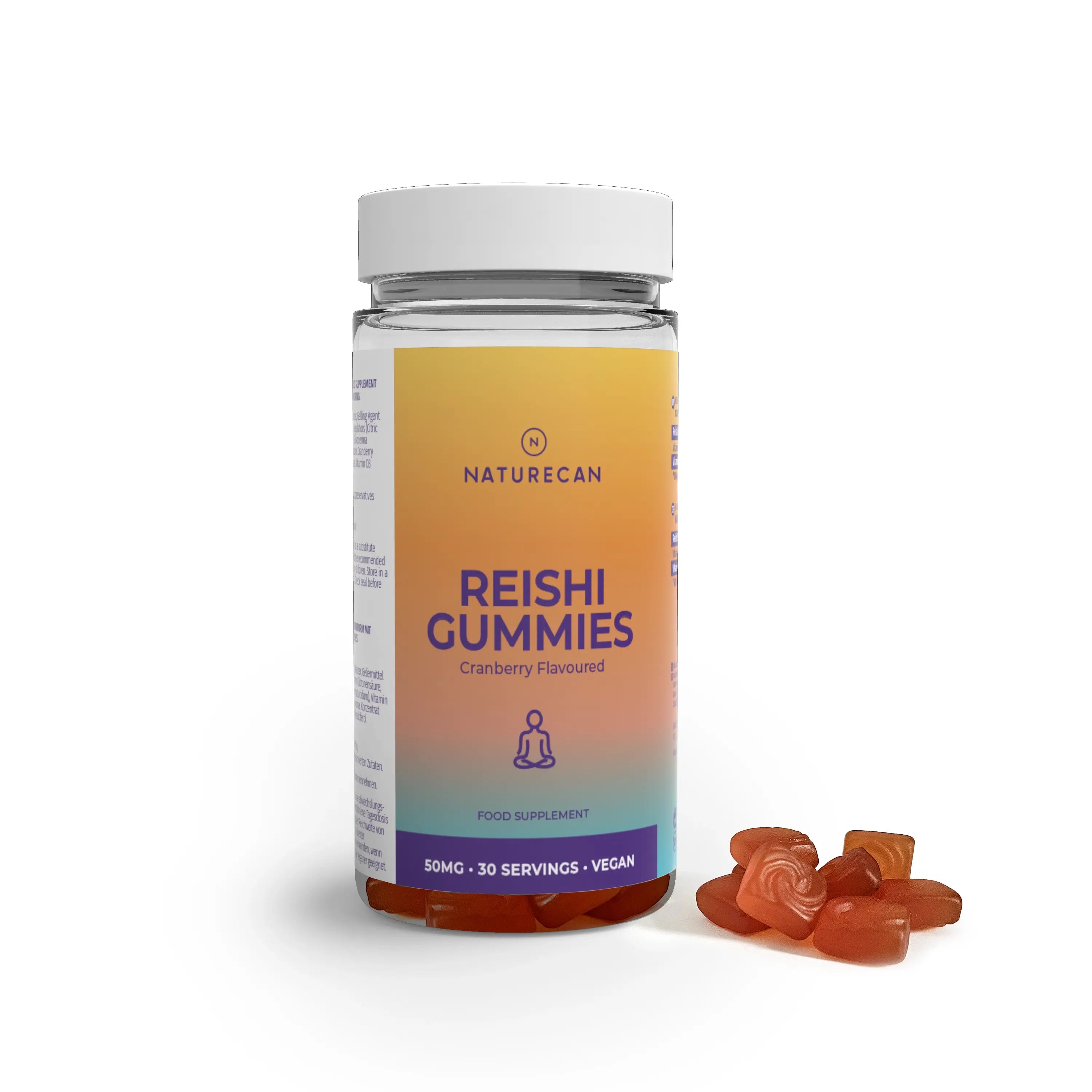 Bottle of Naturecan Reishi Gummies with gummies on a white background