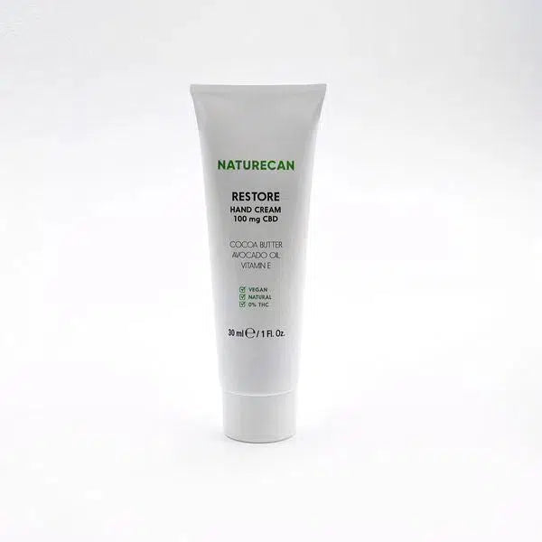 Naturecan Restore Hand Cream tube with CBD, cocoa butter, and avocado oil, 30ml.
