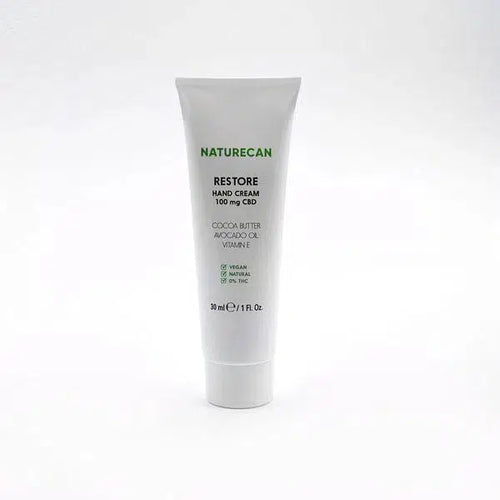 Naturecan Restore Hand Cream tube with CBD, cocoa butter, and avocado oil, 30ml.
