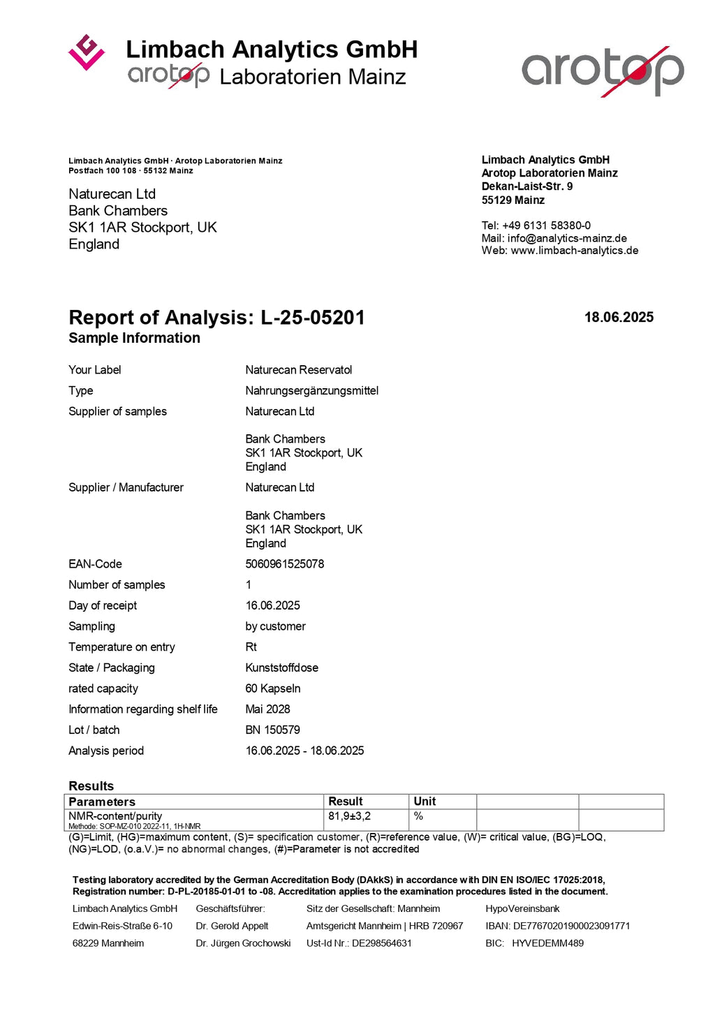 Certificate of Analysis from Limbach Analytics GmbH for Naturecan Resveratrol, dated 18.06.2025.