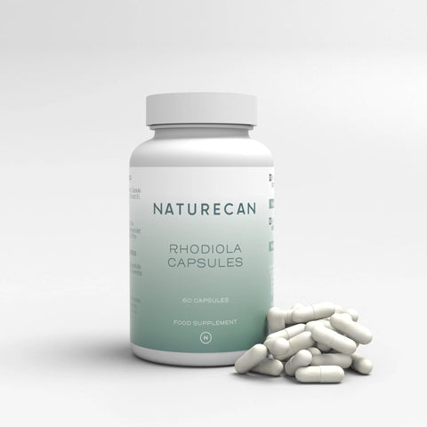 Naturecan Rhodiola Rosea capsules packaging with bottle and scattered pills.