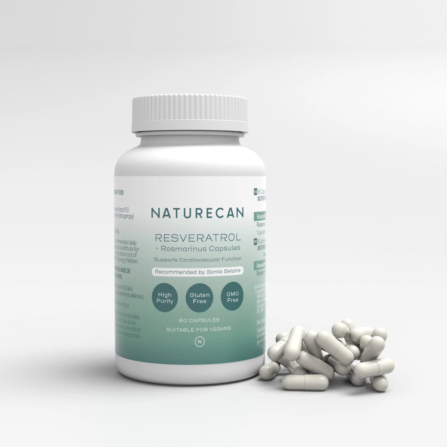 Naturecan Resveratrol and Rosmarinus capsules bottle with scattered capsules, labeled for cardiovascular support.