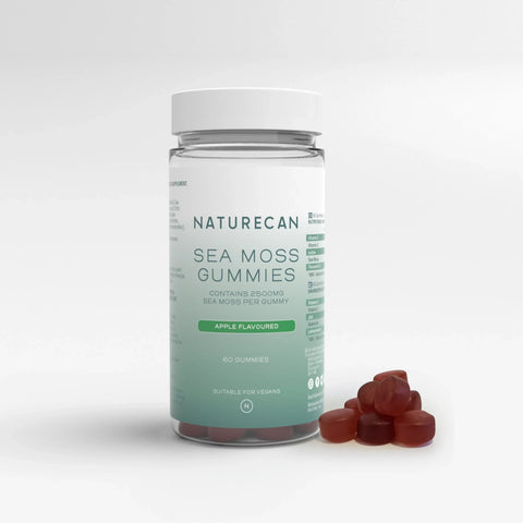 Naturecan Sea Moss Gummies jar with apple flavor, 60 vegan gummies shown next to the container.