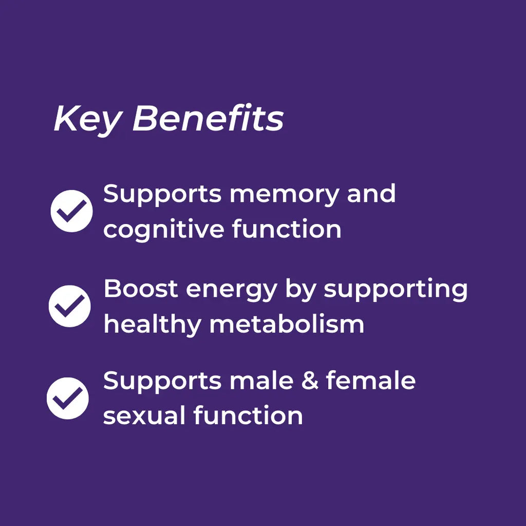 Key benefits listed on a purple background