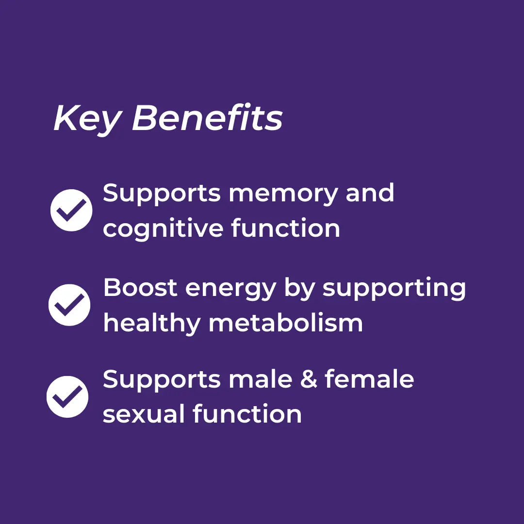 Key benefits listed on a purple background