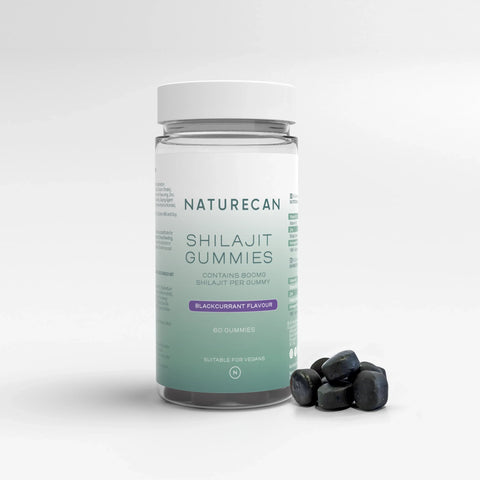 Naturecan Shilajit Gummies bottle with blackcurrant flavor, 60 vegan gummies, and scattered gummies beside it.