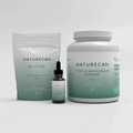 Naturecan packaging showcasing Glycine powder, CBD oil, and Triple Magnesium powder, suitable for vegans.