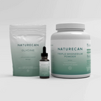 Naturecan packaging showcasing Glycine powder, CBD oil, and Triple Magnesium powder, suitable for vegans.
