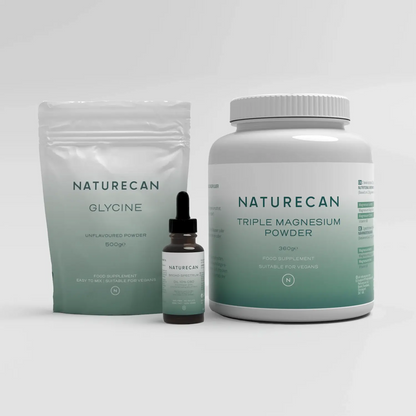 Naturecan packaging showcasing Glycine powder, CBD oil, and Triple Magnesium powder, suitable for vegans.