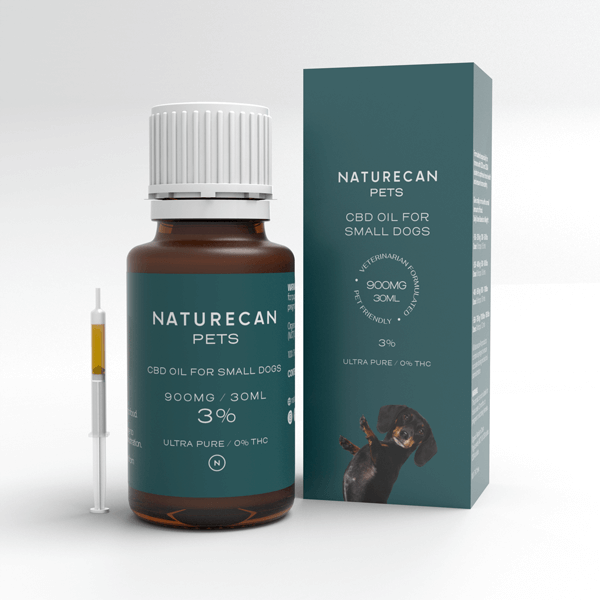 Naturecan Pets CBD oil packaging for small dogs, 900mg/30ml, with a syringe and dog illustration.